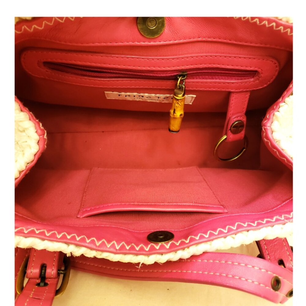 Trina Turk Handbag/Shoulder Bag White Woven Pattern with Pink Handles - Picture 5 of 6